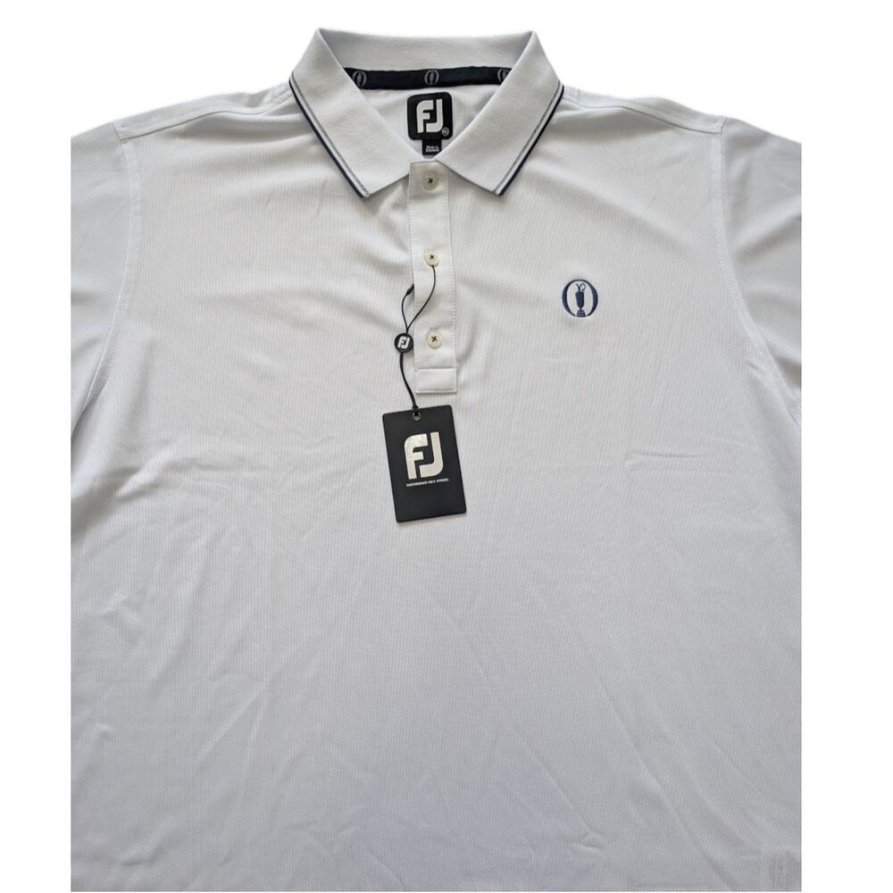 FootJoy FJ Men’s Golf Polo Shirt XL White Navy Striped Sleeves NWT Performance - Picture 2 of 7